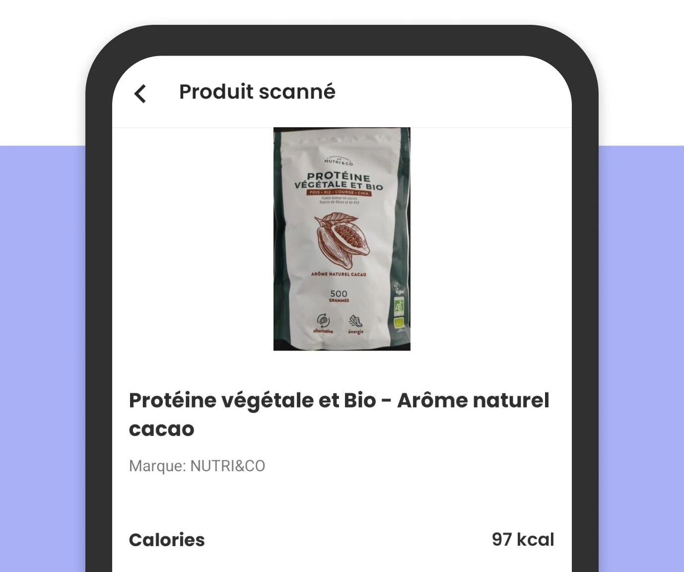 Photo du scan d'un sachet de protéine bio sur l'application Traener